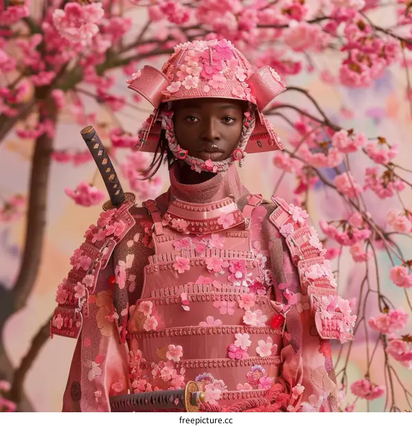 Black female samurai in pink samurai armor and helmet stands in front of cherry blossom tree