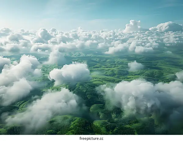 Stunning view of a tropical rainforest, with mountains emerging from the clouds