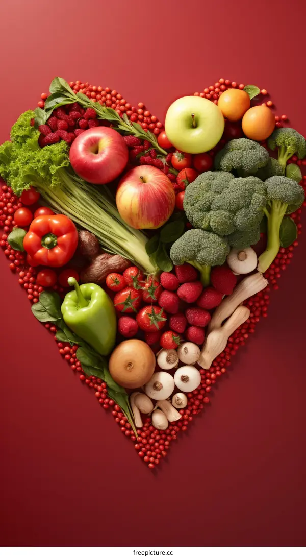 A variety of fruits and vegetables are arranged in the shape of a heart