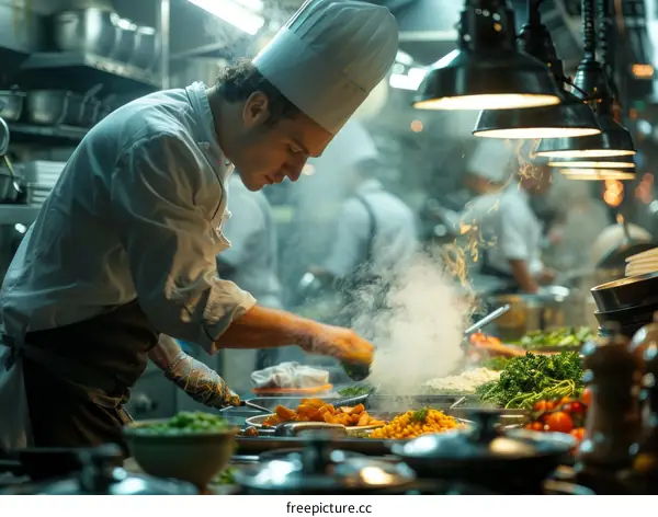 Busy Restaurant Kitchen: Professional Chef Cooking