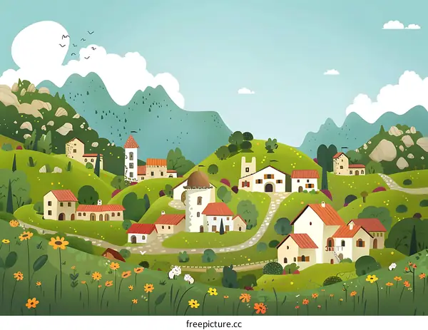 Illustration of a Small Town Surrounded by Lush Green Hills