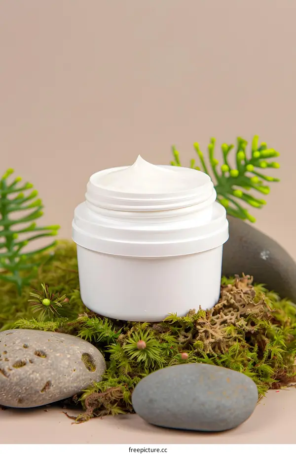 White Cream Jar on Moss and Stones