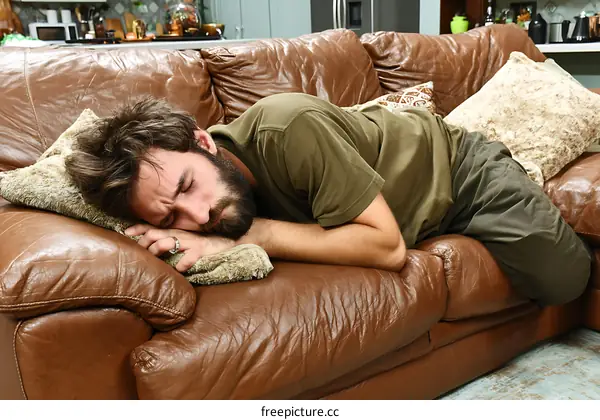 Man Sleeping on Leather Sofa in Living Room