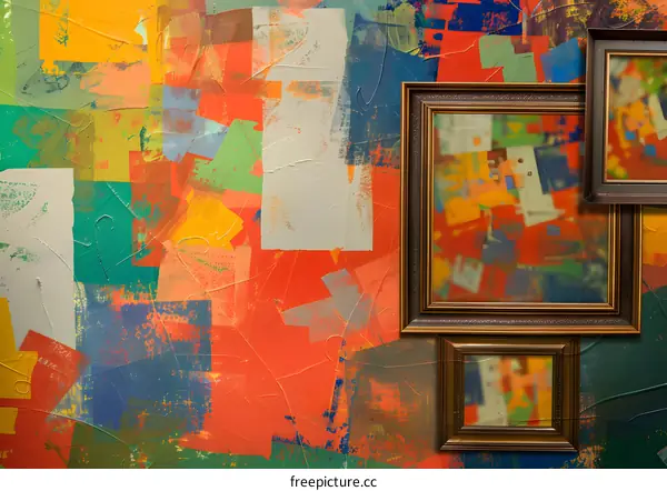 Colorful Abstract Artwork with Frames on Wall