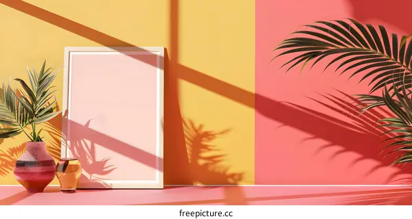 Minimalist Summer Background with Palm Leaves and Frame