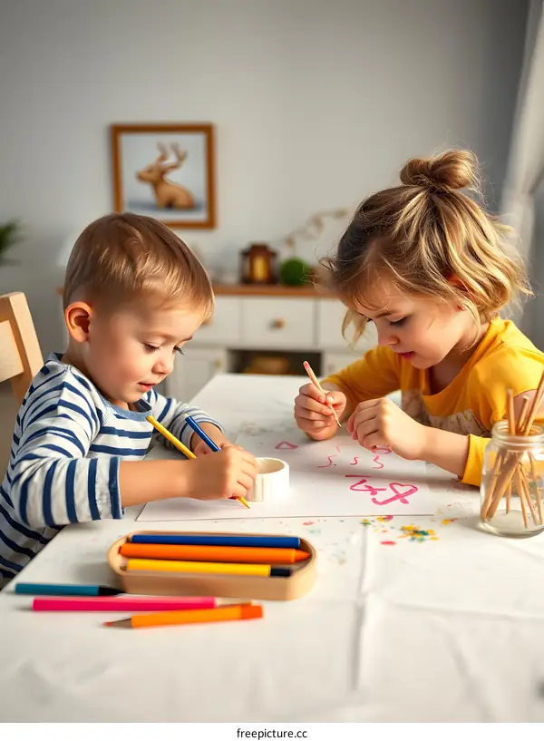 Two Children Drawing Together at Home