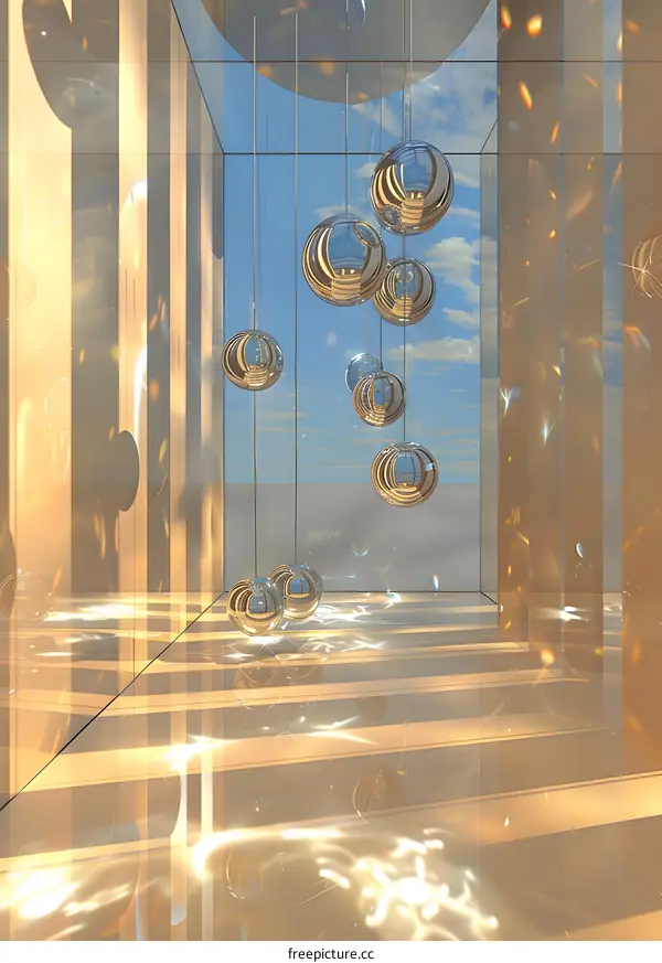 Abstract Gold Ball Art Installation With Sky View