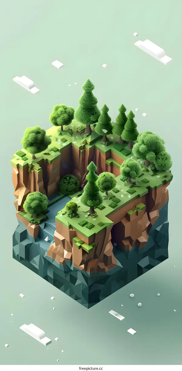 Low Poly 3D Illustration of a Floating Island with Trees