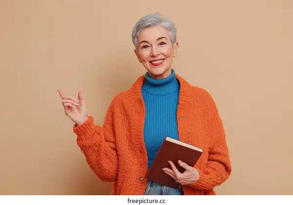 Mature Woman Holding Book and Pointing