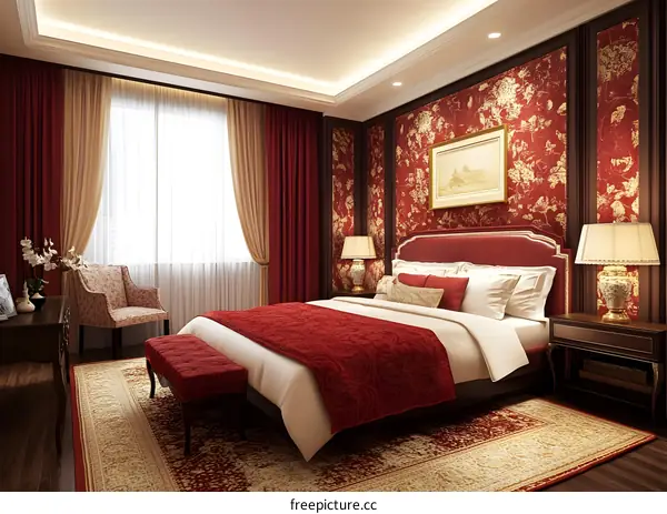 Red and Gold Bedroom Interior Design with Floral Wallpaper