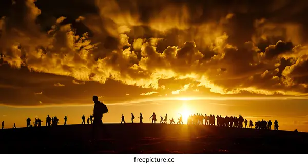 Silhouettes of People Walking Towards the Sunset