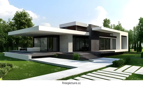 Modern House Design with Stone Facade and Large Windows