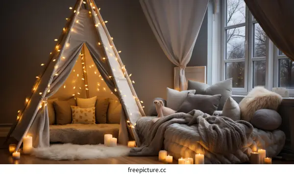 Cozy bedroom with a teepee tent and lots of pillows and blankets