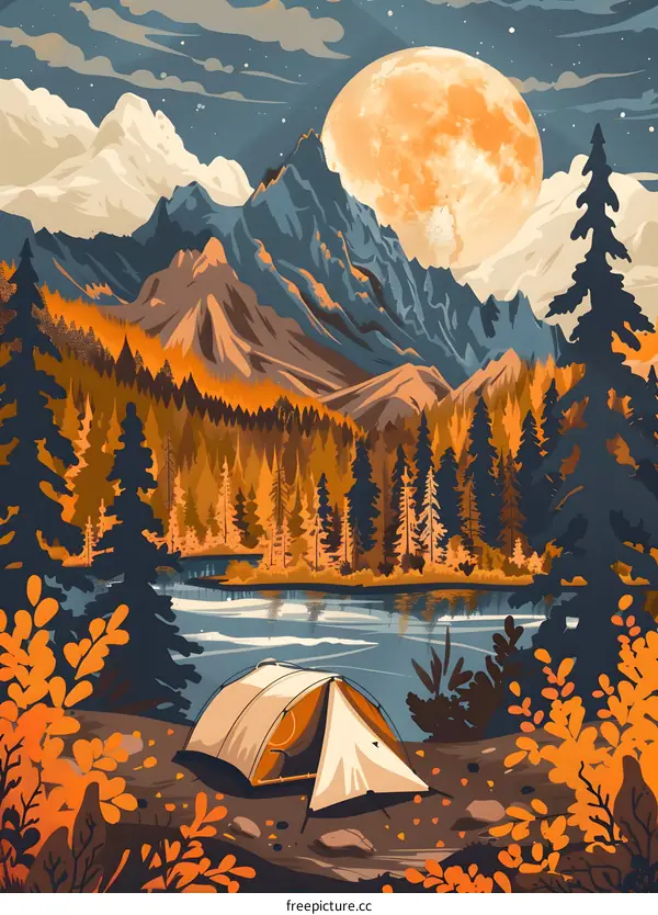 Camping Under The Full Moon In The Mountains