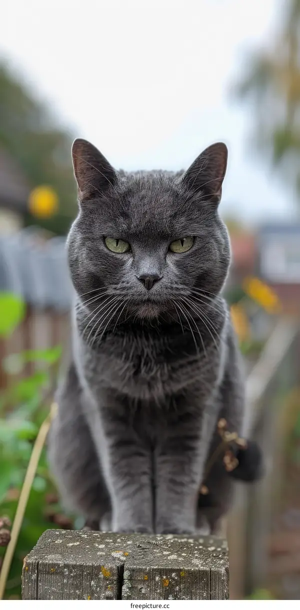 A gray cat is sitting on a wooden fence and looking at the camera