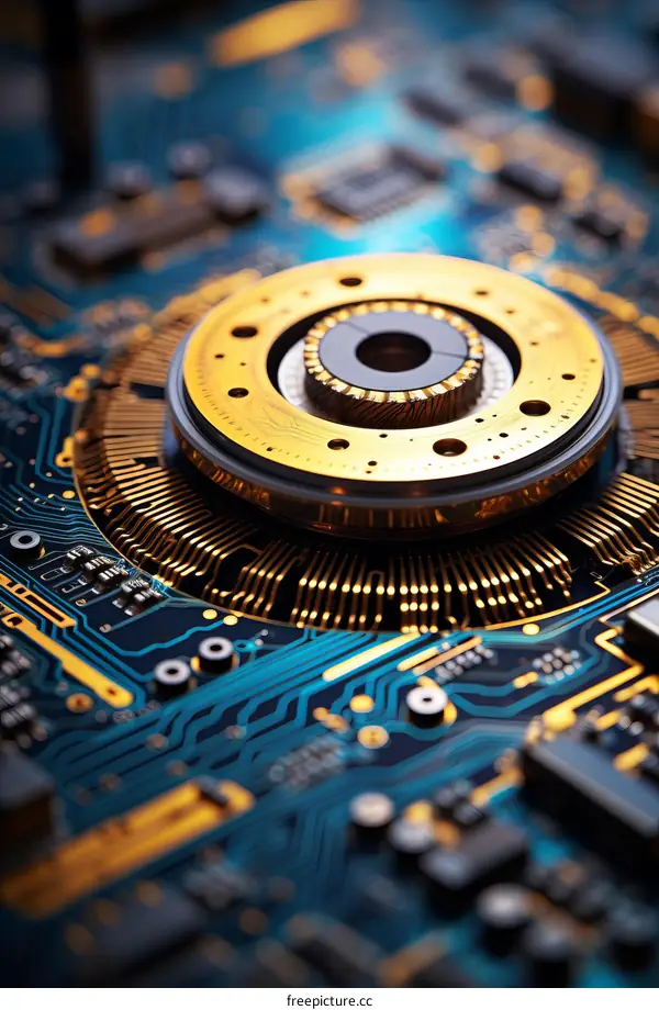 A close-up of a computer chip with a focus on the intricate details of the circuitry.