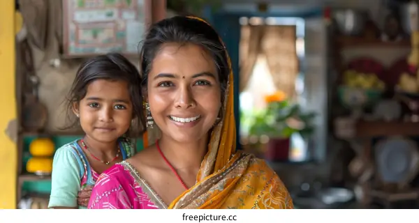 A portrait of a smiling Indian woman and her daughter.