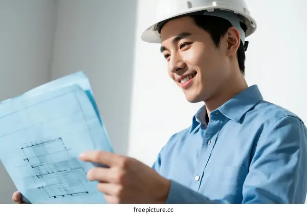 Young engineer wearing helmet examining blueprints carefully