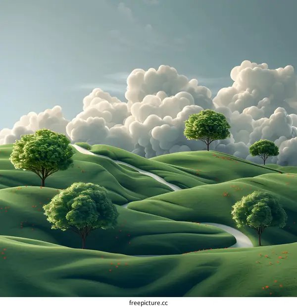 Green rolling hills with trees and clouds
