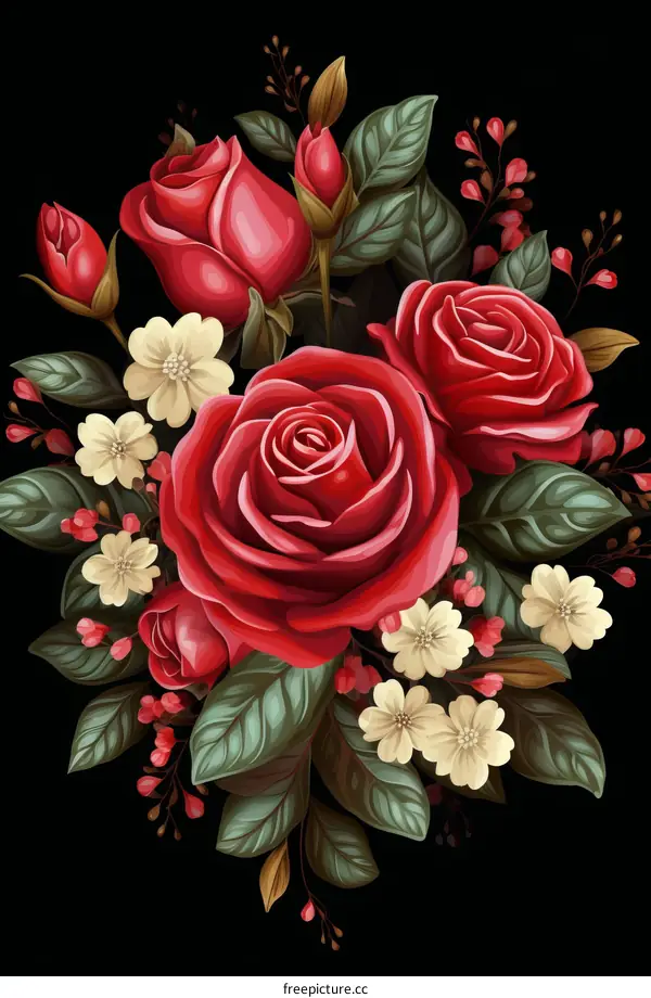 A bouquet of red roses and white flowers with green leaves on a black background