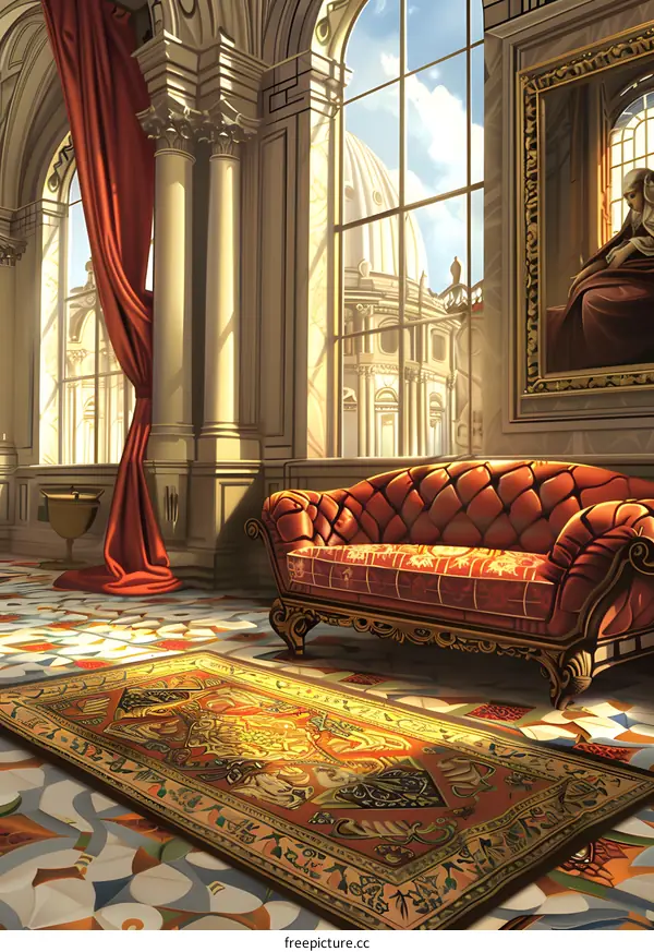 Luxury Living Room Interior with Ornate Rug and Window View