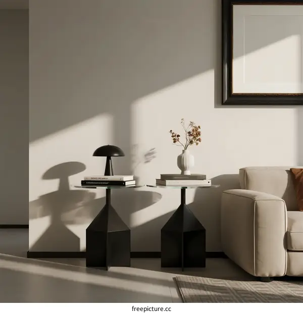 Modern living room with two geometric side tables and sofa