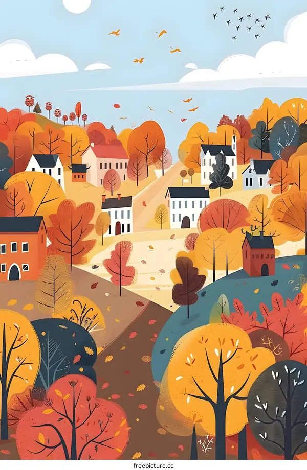 Autumn Village Landscape with Colorful Trees