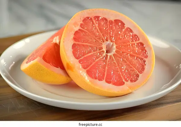 Freshly Cut Grapefruit Halves on White Plate