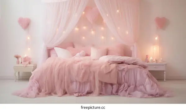 Romantic pink bedroom with a canopy bed