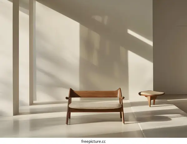 Modern Wooden Chair and Ottoman in Minimalist Interior