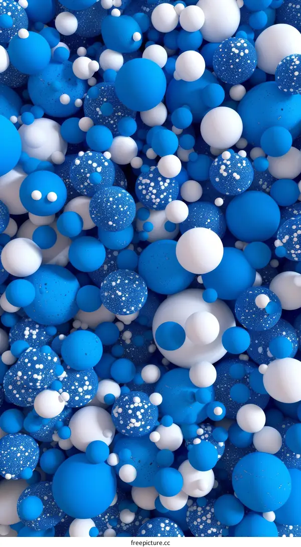 Blue and white balls of different sizes