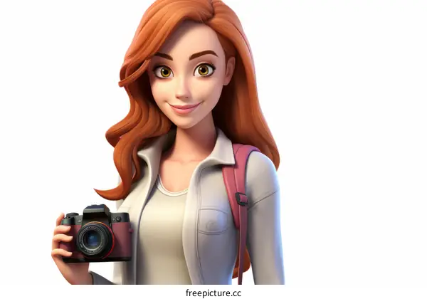 A young woman with long red hair smiles while holding a camera.