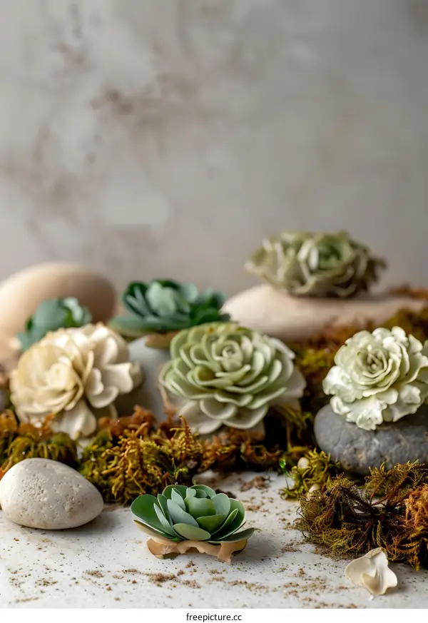 Succulents and Stones on a White Background