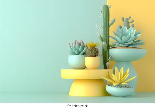 Cactus and Succulents in Pastel Pots on a Yellow and Green Background