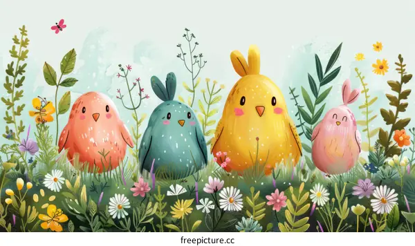 Four cute chicks in a lush green field with flowers