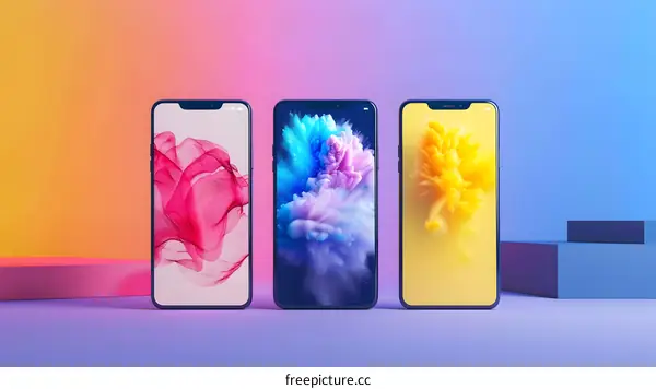 Three Smartphones with Abstract Designs