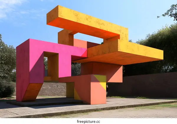 Abstract Geometric Structure with Colorful Cubes and an Outdoor Setting