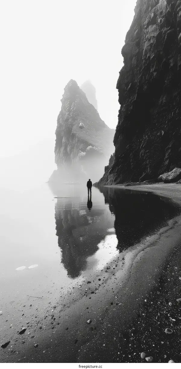 Man standing alone on beach with rock formations in background