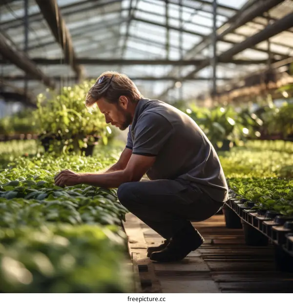 Male botanist checking on plants in a greenhouse