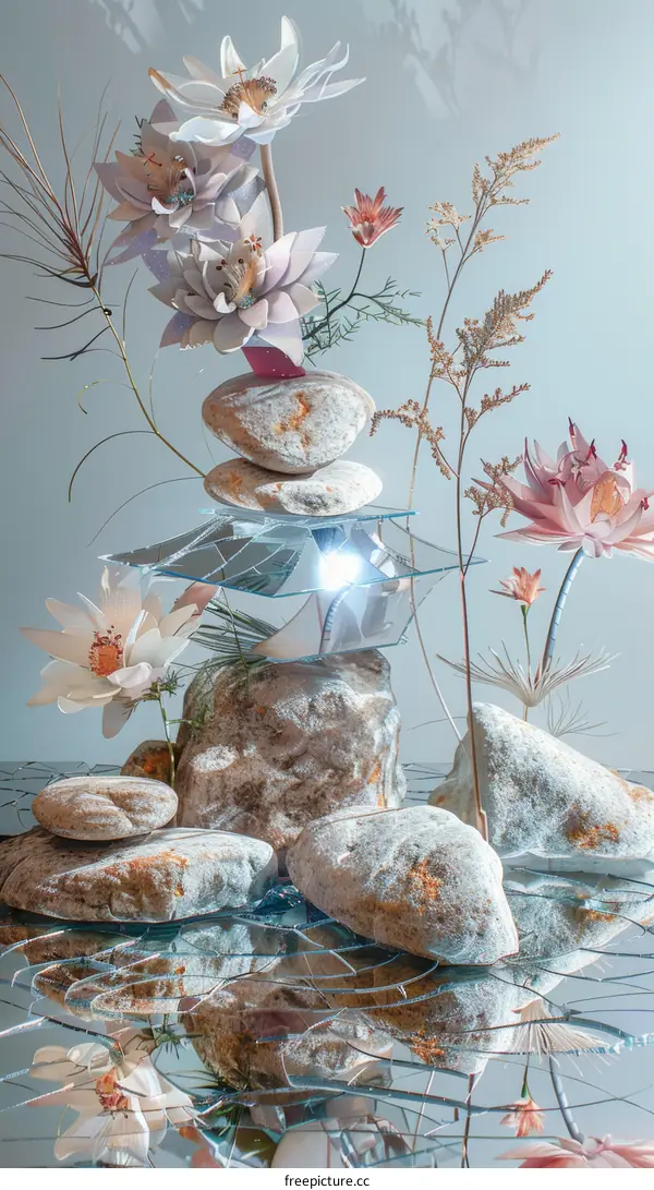 Zenith of Serenity: A Still Life with Blossoms, Minerals, and Liquid Reflections