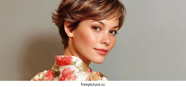 Beautiful Woman with Short Brown Hair in Floral Shirt