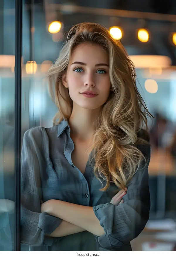 portrait of a beautiful blonde woman in a gray blouse