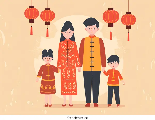 Chinese New Year Family Illustration with Red Lanterns
