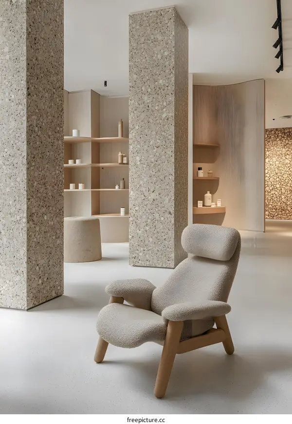 Modern Minimalist Interior Design with Terrazzo Flooring and Beige Armchair