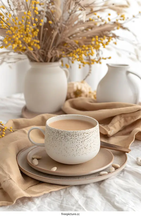 Beige Coffee Cup With Milk On Table With Dried Flowers