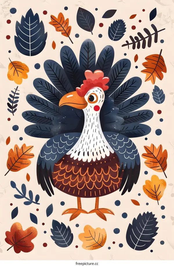 Cute Cartoon Turkey with Autumn Leaves Illustration