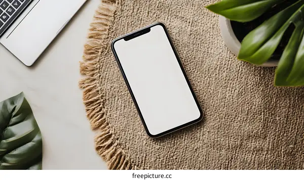 Blank Screen Smartphone Mockup on White Background with Laptop and Plant