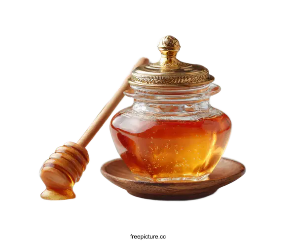[Transparent Background PNG]Honey Jar with Wooden Dipper on White Background