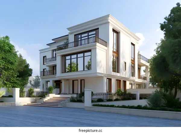 Modern White House with Balconies and a Stone Pathway