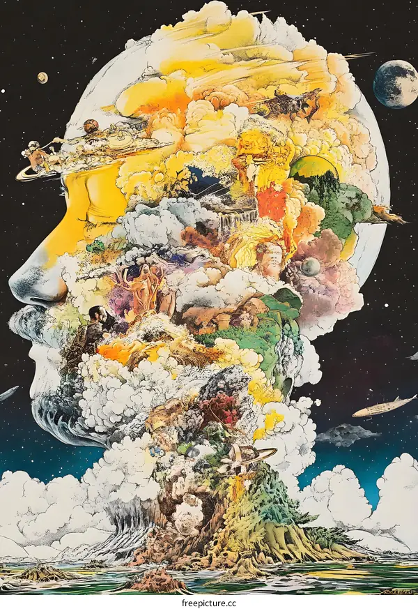 Surreal Art Illustration of a Man with a World Inside His Head